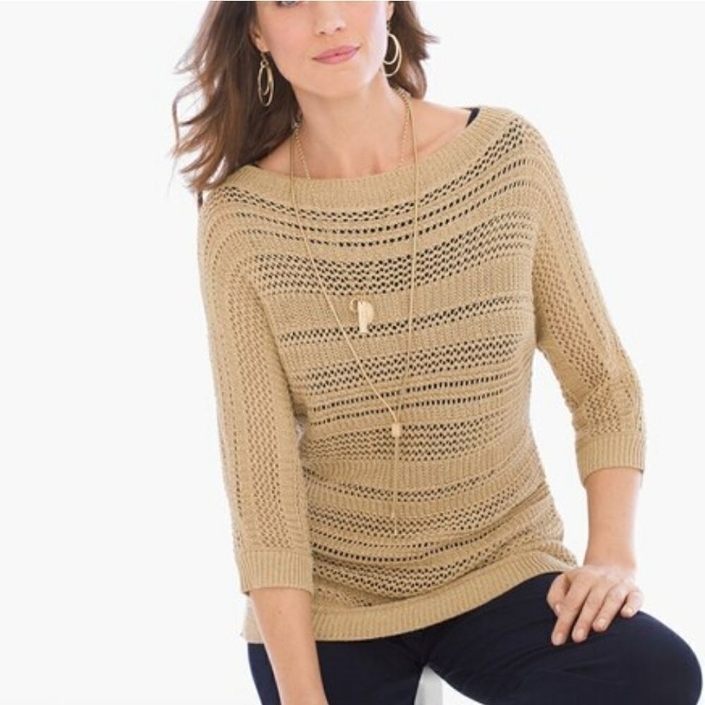 Chicos Travelers Gold Shimmer Sweater 2 12 LG‎